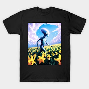 Alien walking through a vast field of yellow daffodils 4 T-Shirt